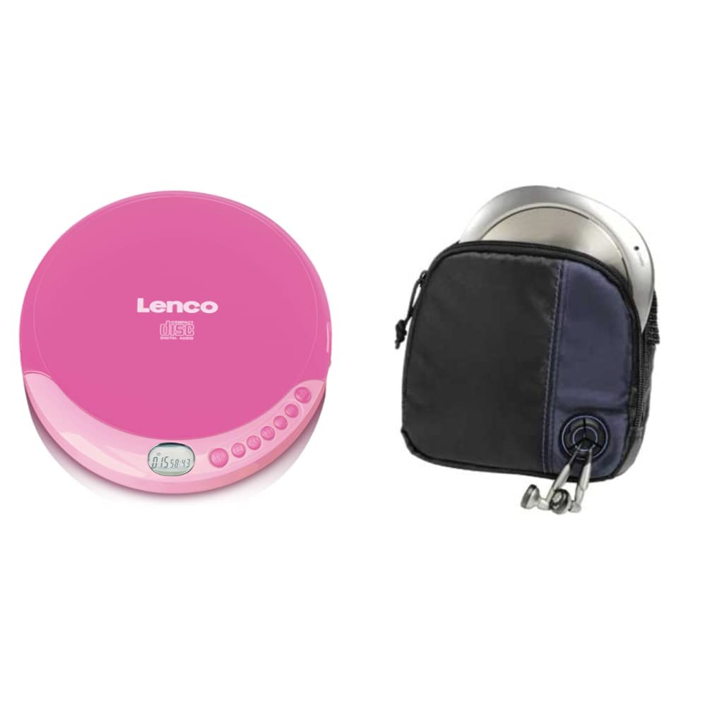 Lenco CD-011 Tragbarer CD-Player Walkman - Diskman - CD Walkman - Pink & Hama CD-Player-Tasche für Discman und 3 CDs (mit Kabelausgang und Gürtelschlaufe) schwarz/blau