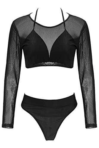 Meyeeka Sexy Women Gauze Long Sleeve High Waist 2 Piece Bikini Swimwear Swimsuit Black
