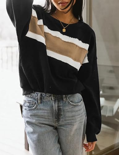 Tanming Womens Casual Sweatshirt Crewneck Patchwork Pullover Tops Long Sleeve Color Block Shirts - Image 5