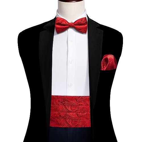 Image of Barry.Wang Men Silk Paisley Cummerbund and Pre-tied Bowtie Handkerchief Cufflink Set for Tuxedo