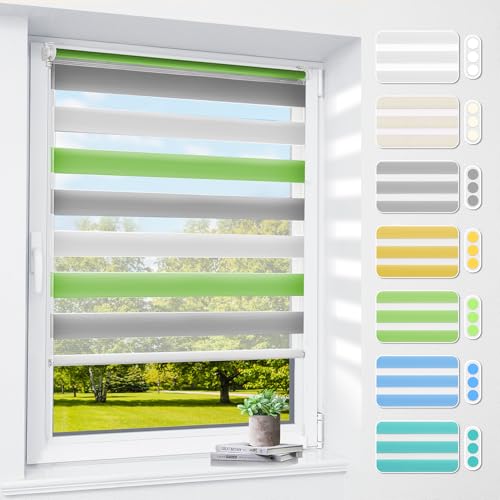 Doppelrollo klemmfix ohne Bohren & mit Bohren, 70x120cm (BxH) Weiß Grau Grün, 3-in-1 Duo Rollo für Fenster & Tür, Fensterrollo innen lichtdurchlässig & verdunkelnd, Klemmrollo Rollos