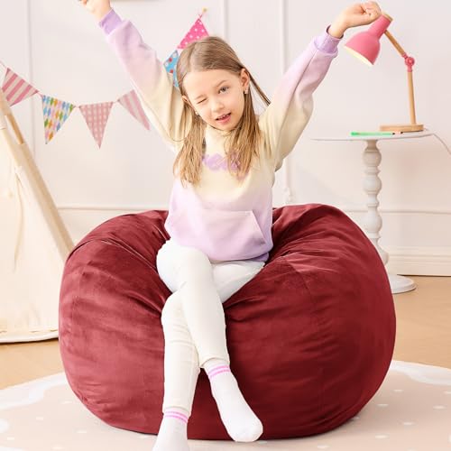 Image of Bean Bag Chairs for Kids - 2.5FT Round Memory Foam Furniture BeanBag Chair - Kids /Teens Bean Bag Sofa with Soft Micro Fiber Cover - Fluffy Couch for Playroom Living Room Bedroom, Red