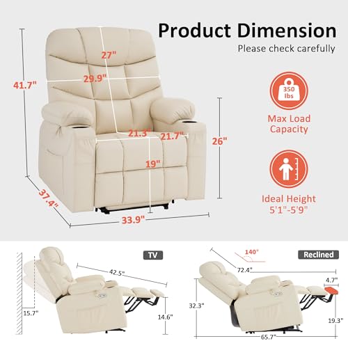 MCombo Power Lift Recliner Chair for Elderly, Electric Lift Chair with Extended Footrest, USB Ports, Cup Holders, Faux Leather 7287 (Cream White, Medium) - Image 4