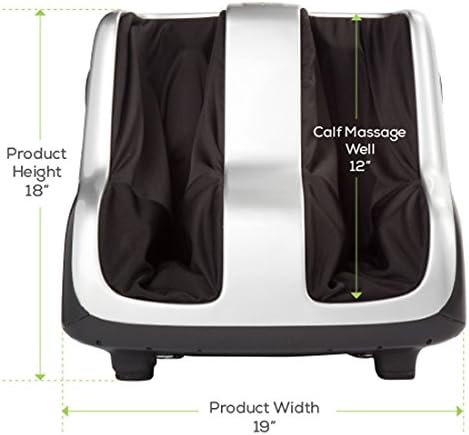 Diagram showing product dimensions: Product Height 18 inches, Product Width 19 inches, Calf Massage Well 12 inches deep.
