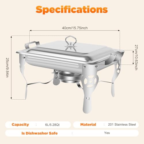 Plato de roce, calentador de alimentos de acero inoxidable con tapas y soportes de combustible, utensilios de servir buffet de 6 L para catering, fiestas, bodas