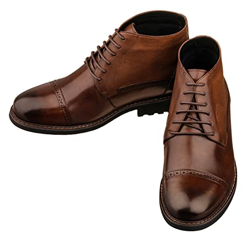 Image of CALTO Men's Invisible Height Increasing Elevator Shoes - Coffee Brown Leather Lace-up Cap-toe Boots with Inner Faux Fur - 3.2 Inches Taller - Y41084 - Size 12 D(M) US
