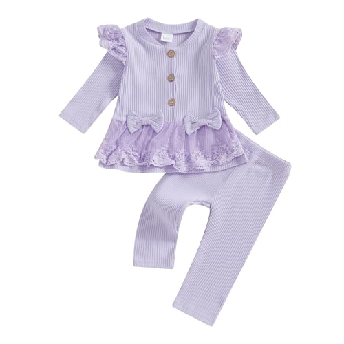 Geagodelia Toddler Baby Girl Fall Winter Outfits Ruffled Long Sleeve Lace/Striped/Polka Dot Print Sweatshirt Ribbed Shirts Top with Long Pants 2Pcs Clothing Set for Little Girls (Purple, 2-3 Years)