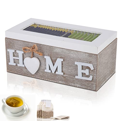 Organizador de madera para bolsas de té, caja de almacenamiento de té para el hogar con ventana visual, caja de té de 2 compartimentos para organizar bolsas de té para decoración de escritorio