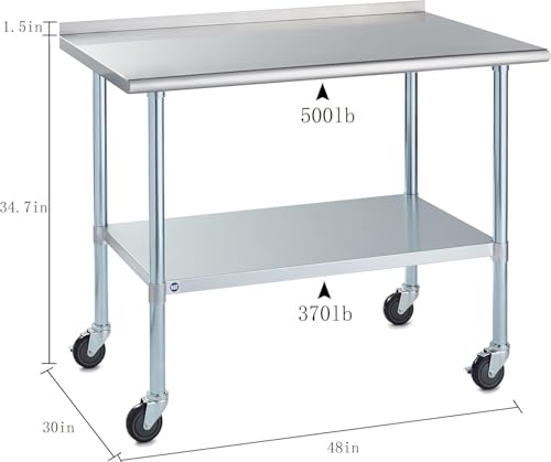 Image of Stainless Steel Table for Prep & Work with Backsplash and Caster 30x48 Inches, NSF Metal Commercial Kitchen Table with Adjustable Under Shelf and Table Foot for Restaurant, Home and Hotel