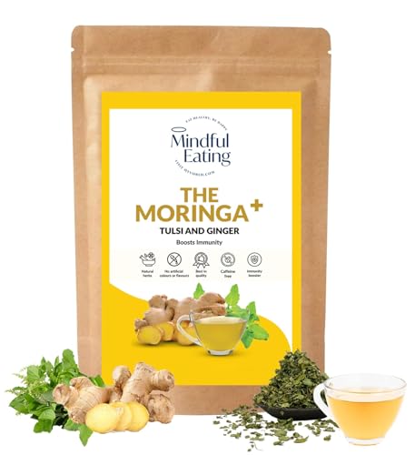 Image of Mindful Eating Pure Moringa Leaves Tea Blended with Tulsi & Ginger - Herbal Tea, Natural Ingredients, Dried Drumstick Tree Leaves, Immunity Booster, Caffeine-free, Herbal Drink - 70g