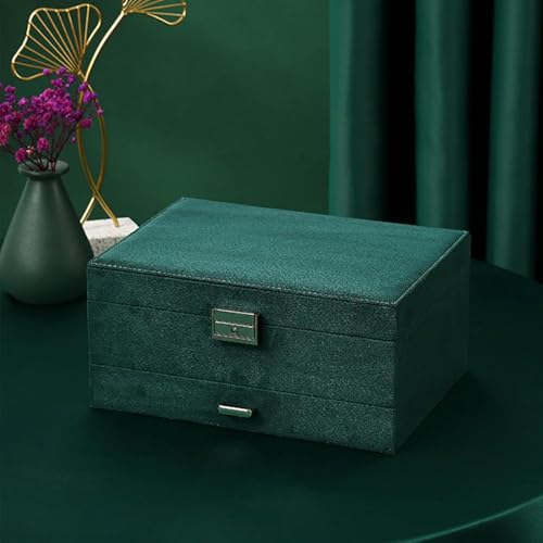 Image of BucketList 3 Layers Velvet Jewelry Organizer Storage Box Women's Velvet Ring Earrings Jewelry Display Case for Earrings, Bracelets, Rings, Necklace (3 Layer with Lock Green Box)