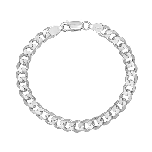 LeCalla Solid 925 Sterling Silver Curb Chain Bracelet for Men | Italian 6mm, 7mm Diamond Cut Cuban Link Curb Chain Bracelet (7.5, 8, 8.5 & 9 Inches), Made in Italy