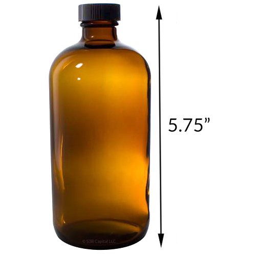 JUVITUS Amber 8 oz Glass Boston Round Bottle with Black Phenolic Cone Lined Cap + Labels