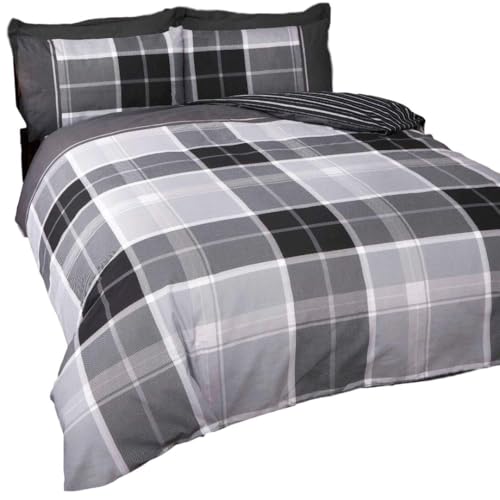 Rapport Home Argyle Tartan Check Double Duvet Cover Set - Reversible Grey Bedding with Two Pillowcases - Durable Polycotton Quilt Cover 200x200cm