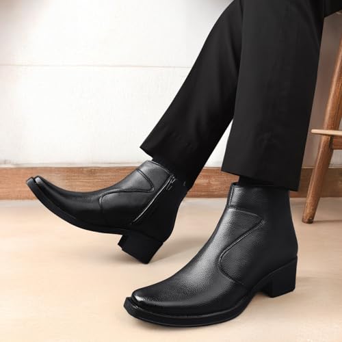 Image of BXXY Men's 5-6 Cm Block Heel Height Increasing Faux Leather Material, Casual Formal Slipon Ankle Boot and Dress Boot