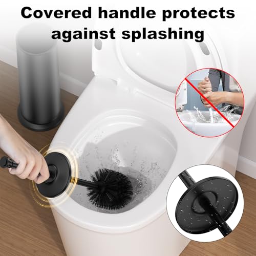 Image of Black Toilet Brush and Holder,Extra Long Handled Toilet Brush for Bathroom,Stainless Steel Heavy Duty Toilet Bowl Brush,Removable Inner Bowl,Deep Cleaning Dense Bristles Cleaner Brush -Space Saving