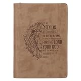 Christian Art Gifts Inspirational Zippered Journal, Be Strong & Courageous Wide Ruled Notebook, Josh. 1:9 Bible Verse, Brown Vegan Leather Lion, 336 Lined Pages w/scripture, (9” x 6.4” x .9”)