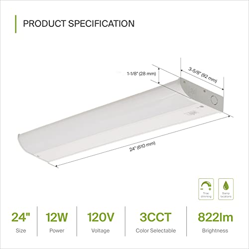 Image of ASD LED Under Cabinet Lighting, 24 inch 12W 822 LM, Dimmable Hardwired Under Cabinet Lights for Kitchen, 3000K /4000K /5000K, Under Counter Light Fixtures, ETL, White