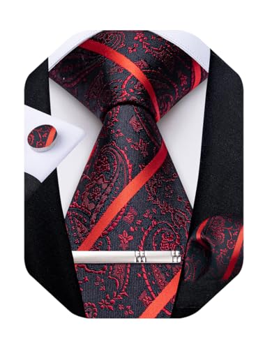 Image of DiBanGu Silk Floral Ties for Men Woven Paisley Necktie and Tie Clip Handkerchief Cufflinks Set for Party Wedding