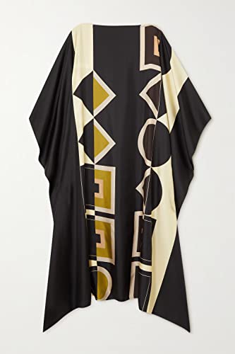 Hiyan Creation Modest Wear Women Soft Satin Silk Printed Kaftan,Kurta,Beach Party wear Kaftan,Luxury Silk Caftan Silk top Regular wear Kaftan Fancy Dress (Black and Yellow)3