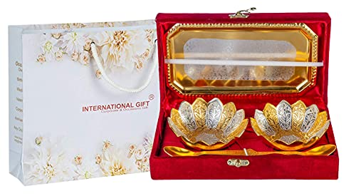 International Gift German Silver Brass Round Bowl Sets with Tray and Spoon with Royal Luxury Velvet Box Packing Used for Dry Fruit, Sweets and Home Decor Best Annivarsary/Diwali