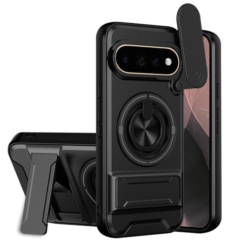 Image of Google Pixel 11 Pro Back Cover | Armor Camera Slider 360 Degree Rotating Finger Ring Holder Case with Bracket Stand Back Case Cover (Compatible with MagSafe Accessories) (Black)