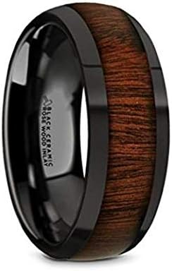 Thorsten Rosae Black Ceramic Domed Profile Polished Finish Mans Wedding Band with Genuine Fine Grain Rose Wood Inlay 8mm Custom Personalized Inside Engraved
