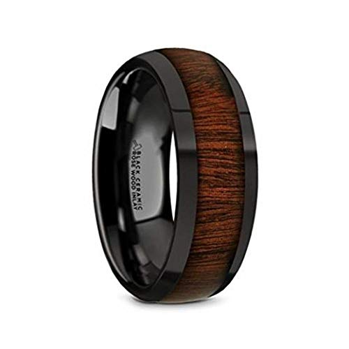 ROSAE Black Ceramic Domed Profile Polished Finish Men's Wedding Band with Genuine Fine Grain Rose Wood Inlay 8mm Custom Personalized Inside Engraved