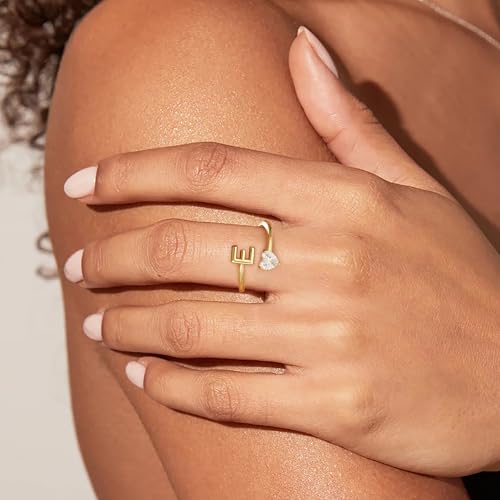 Fezodo Initial Rings for Women Non Tarnish - 18K Gold Plated Initial V Ring Adjustable Heart Cubic Zirconia Rings for Women Gold Jewelry Gifts by Fezodo - Used condition - Image 4