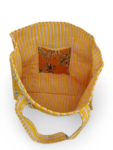 Image of Cotton Tiger Block Print Tote Bag, Indian Handmade Shopping Shoulder Bag, Unisex Market Daily Use