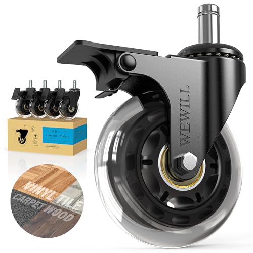 WEWILL Office Chair Wheels - Rubber Casters Replacement Universal Fit 98% Chair(Set of 5) Heavy Duty 3 Inch Smoothly & Quietly Safe for All Floor, Hardwood, Tile, Carpet, Noise Free - Transparent