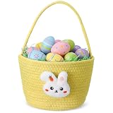Gandeer 1 Pcs Easter Basket Woven Bunny Bags with Handle Hunting Hunt Bucket Empty Egg Basket with Bunny Accessories for Easter Gift Egg Hunts Party Decorations (Yellow)