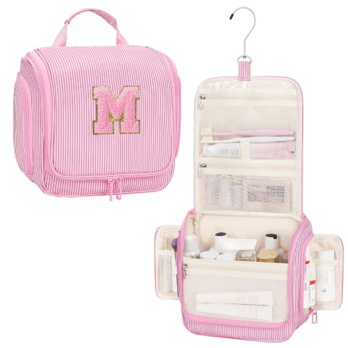 Relavel Hanging Toiletry Bag for Women, Travel Makeup Bag for Girls Kids Gifts Personalized Initial Toiletry Pouch Shower Bag, Travel Essentials Birthday Gifts for Teen Girls, Pink M