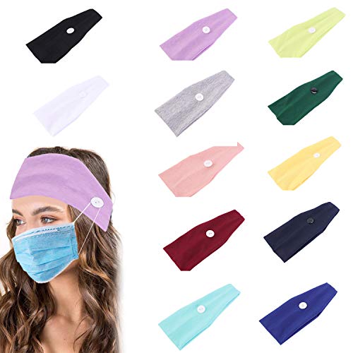 12pcs Headband Holder With Button Non Slip Elastic Yoga Sport Hairbands Head Wrap Ear Protection Holder for Men Women Ear Protection Classic Solid Colors