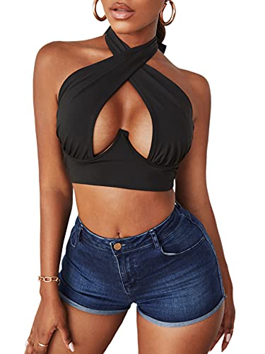 SheIn Women s Crisscross Cut Out Vest Halter Wrap Crop Top Solid Cami Tank Tops Dark Black Large