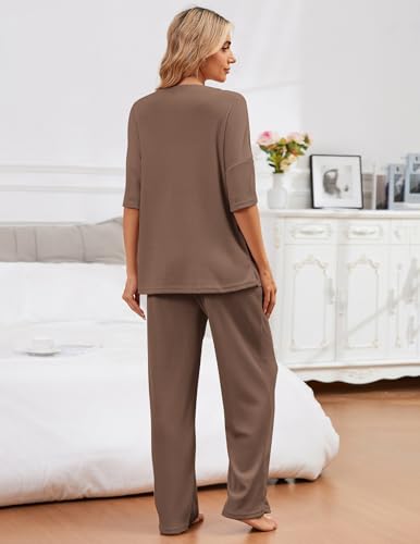 Image of JiniGolla Womens Pajama Sets Waffle Knit Short Sleeve Shirt with Long Pajama Pants Soft Sleepwear Pj Lounge Sets