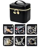 LingLingo Organizador de joyas de viaje, caja de joyería pequeña de piel sintética con 6 bolsas de terciopelo para aretes, anillos, collares, pulseras, relojes, estuche de viaje compacto para mujer