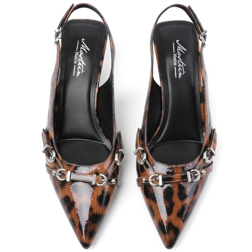 Image of Mostrin Kitten Heels for Women Pointed Toe Pumps Patent Leather Low Heel Slingback Heels with Buckle Dress Shoes for Dating Party Working