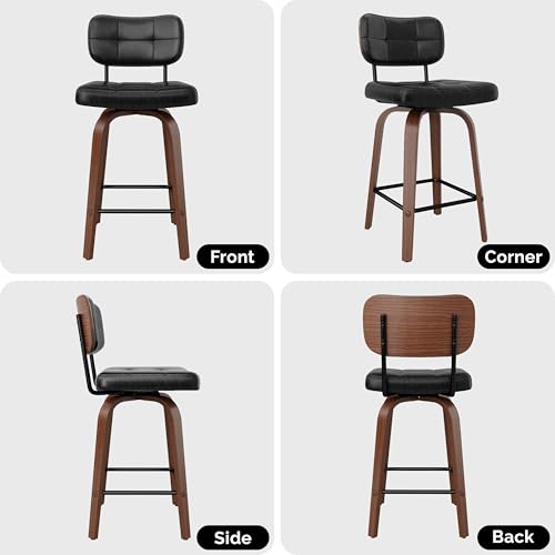 Butacos de Barra Set de 4 Giratorios, Cuero PU Negro | Butacos Modernos Giratorios de Altura para Isla de Cocina y Barra, Altura 26 pulgadas, Estructura de Madera y Metal con Apoyo para Espalda miniatura 5