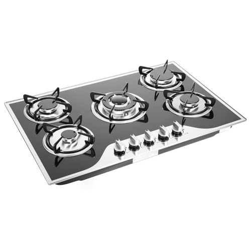 CHIMHOON Cocina de gas endurecida de 30,3 pulgadas, 5 llamas, cocina de gas, cocina de gas, cocina de gas de hierro fundido + bandeja de agua de acero inoxidable, cocina empotrable para gas natural