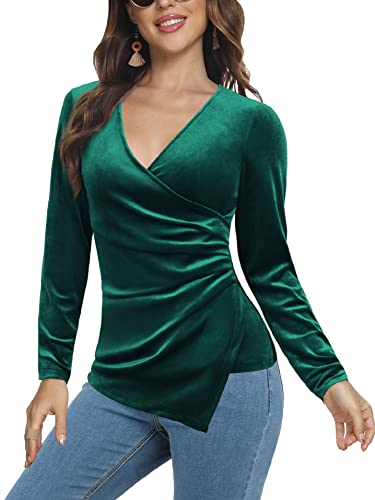 Laughido V Ausschnitt Sexy Tunika Langarmshirt Damen Wickelshirt Langärm Samt Oberteil Lässig Geraffte Bluse Top (Grün, Klein) Cover