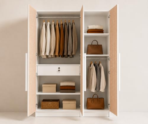 Image of Bniture 5 Door Wardrobe for Bedroom with Lockable Door & Hanging Space | Almirah for Clothes with Rattan Finish | Wardrobe for Storage | 3 Years Warranty (Frosty White)