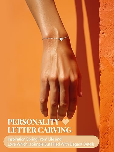 S925 Sterling Silver Bracelet for Women, Adjustable Heart Bracelet with Initial,16cm Plus 5cm Extension Chain - Image 3