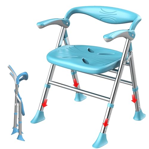 Sedia Per Doccia Anziani,Sgabello Doccia,Capacità Di Carico Massima 150kg, Braccioli Ripiegabili,Sedia Per Doccia Pieghevole Regolabile in Altezza A 5 Livelli (blu, Sedili piatti)