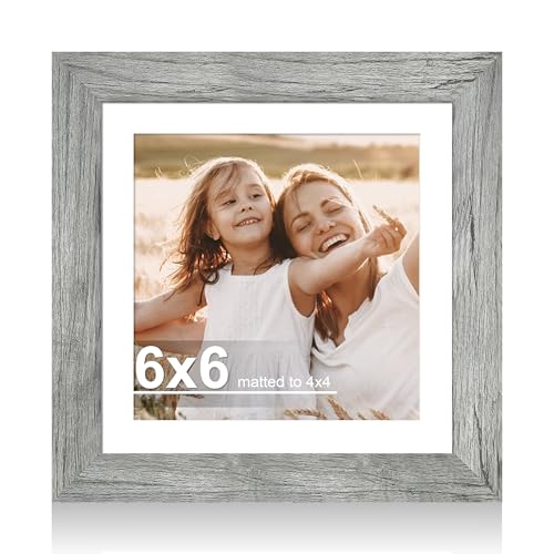 Hongkee 6x6 Picture Frame with Real Glass Wood Frame, 1 Pack (with Mat 4x4)