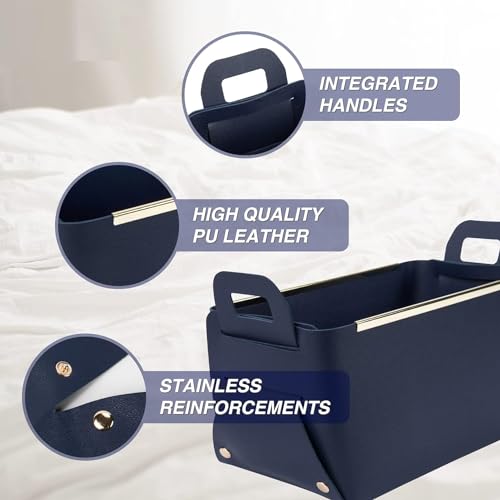 Image of Leather Portable Small Storage Basket for Desktop, Rectangle Decorative Box with Two Handles for Organizing, Storage Bin for Snack Sundries Cosmetics Stationery, 9.45''L5.5''W5.12''H (Navy)