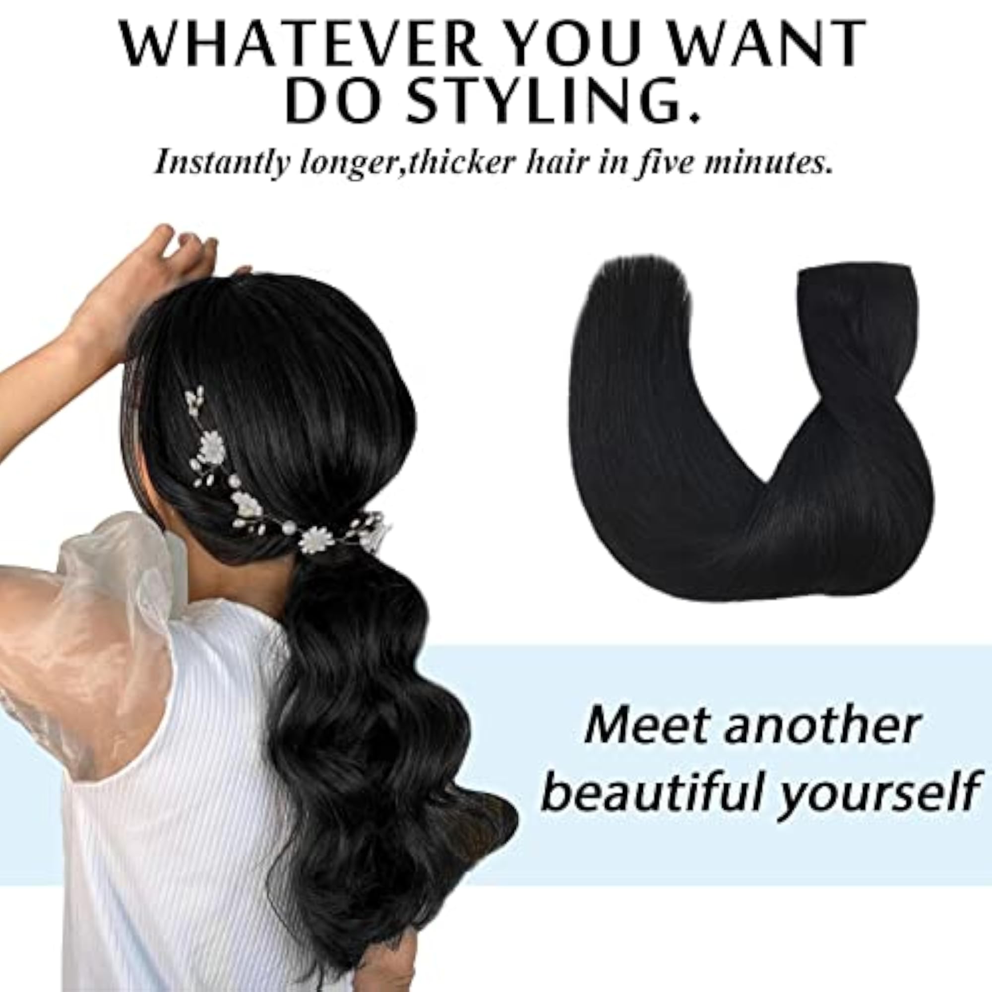 Trader Halo Hair Extensions Real Human Hair, Black Color