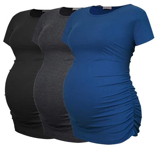 Image of Smallshow Women's Maternity Shirts Ribbed Ruched Pregnancy Clothes Tops 3 Packs
