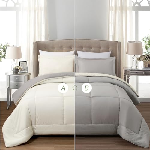 Image of EMME King Comforter Set - 7-Piece Bed in a Bag for All Seaon, Ultra Soft Bedding Set with Comforter, Flat Sheet, Fitted Sheet, Pillowcase, Pillow Sham (Reversible-Grey & White, King /Cal. King)