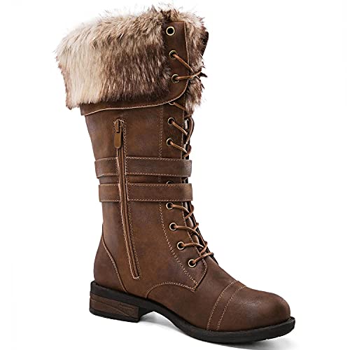 GLOBALWIN Women's Mid Calf To Knee High Boots Dressy Lace Up Brown Combat Boots for Women Low Heel Size 10M — view 3